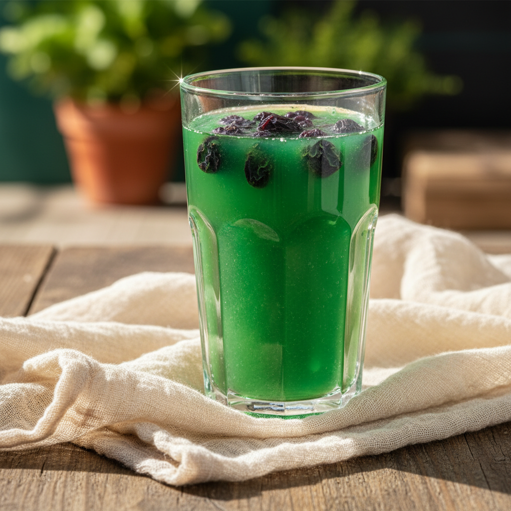 ภาพน้ำสีแสดงสมูทตี้สีเขียวใสในแก้วพร้อมลูกเกดแข็ง วางบนผ้าก๊อซสีครีม แสงแดดจ้าสร้างประกายบนผิวสมูทตี