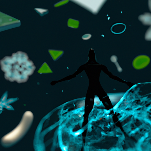 A 3D rendered illustration of a human silhouette glowing with energy, surrounded by floating molecul
