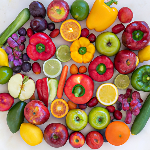 An overhead flat lay arrangement of diverse colorful vegetables and fruits arranged in a circular pa